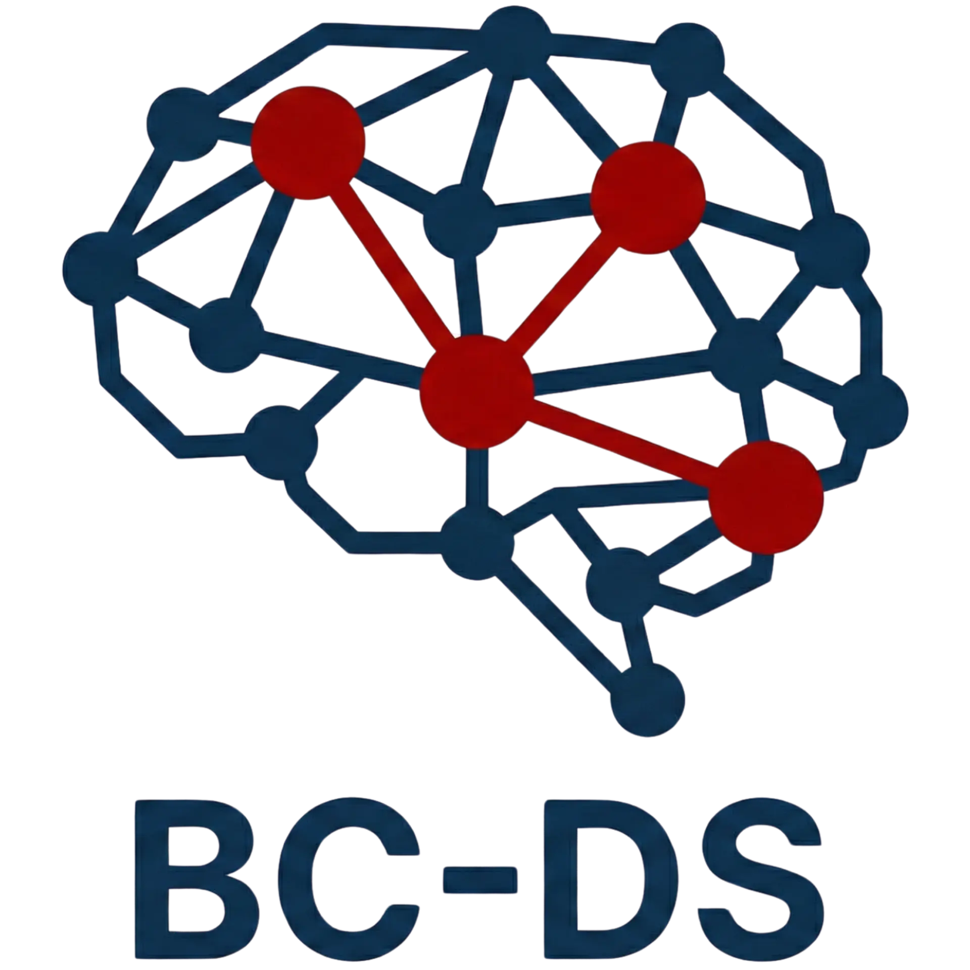 Brain network diagram icon with interconnected nodes in dark blue and highlighted red paths for BC-DS.