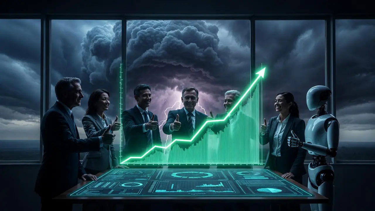 Executive team giving thumbs up around holographic display while storm brews outside - false consensus