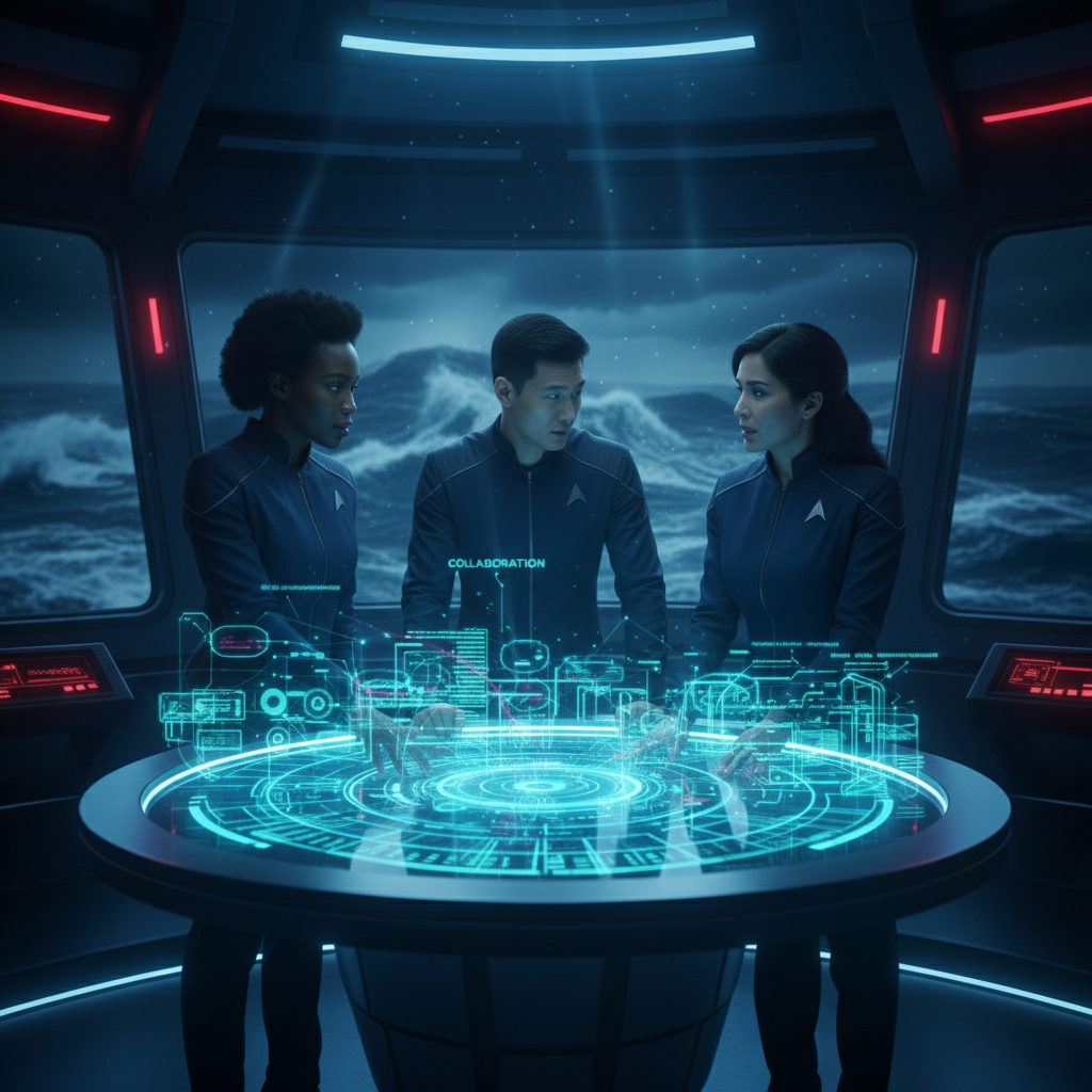 Diverse team collaborating around AI-enhanced decision intelligence holographic display with stormy seas visible through window